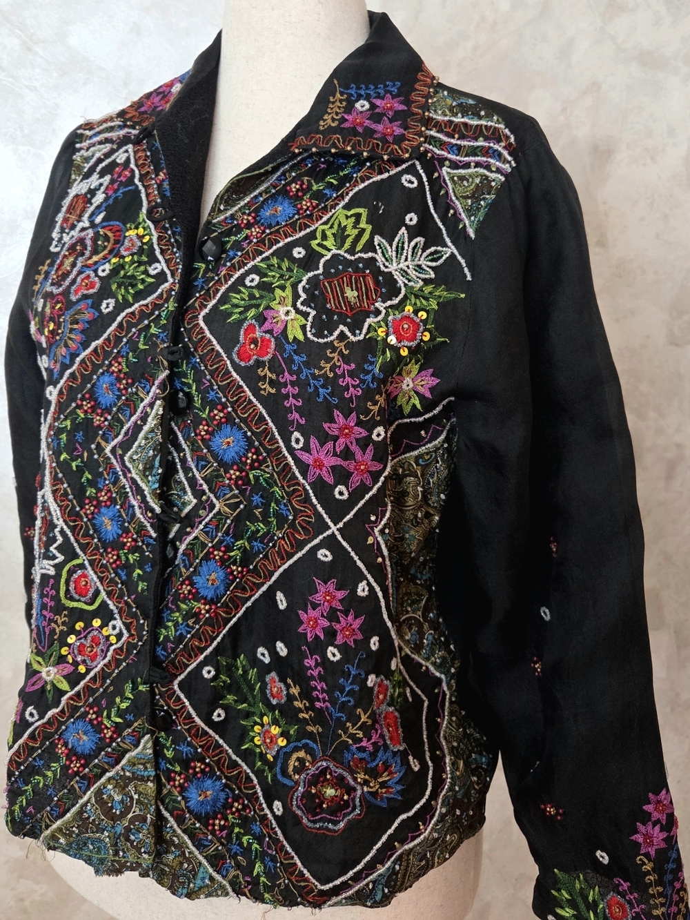 Hand Embroidered Boho Jacket Top Black Artisan Beaded Floral Patchwork Unique